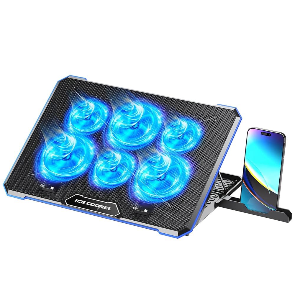 6개의 쿨링 팬이 있는 ICE COOREL 노트북 패드, 조명이 없는 쿨러 팬, 15-17인치 노트북용 9개의 높이 조절이 가능한 스탠드, 무릎이나 책상에서 사용할 수 패드 - 상품 이미지