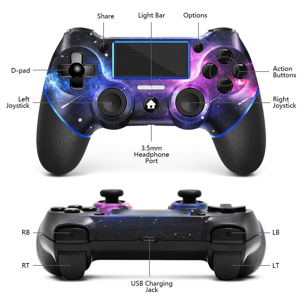 PS4용 에이스게이머 무선 컨트롤러, 양면 미끄럼 방지 그립과 3.5mm 오디오 잭을 갖춘 맞춤형 디자인 V2 게임패드 조이스틱! 엄지 캡 포함! (갤럭시) Galaxy - 상세 이미지 3