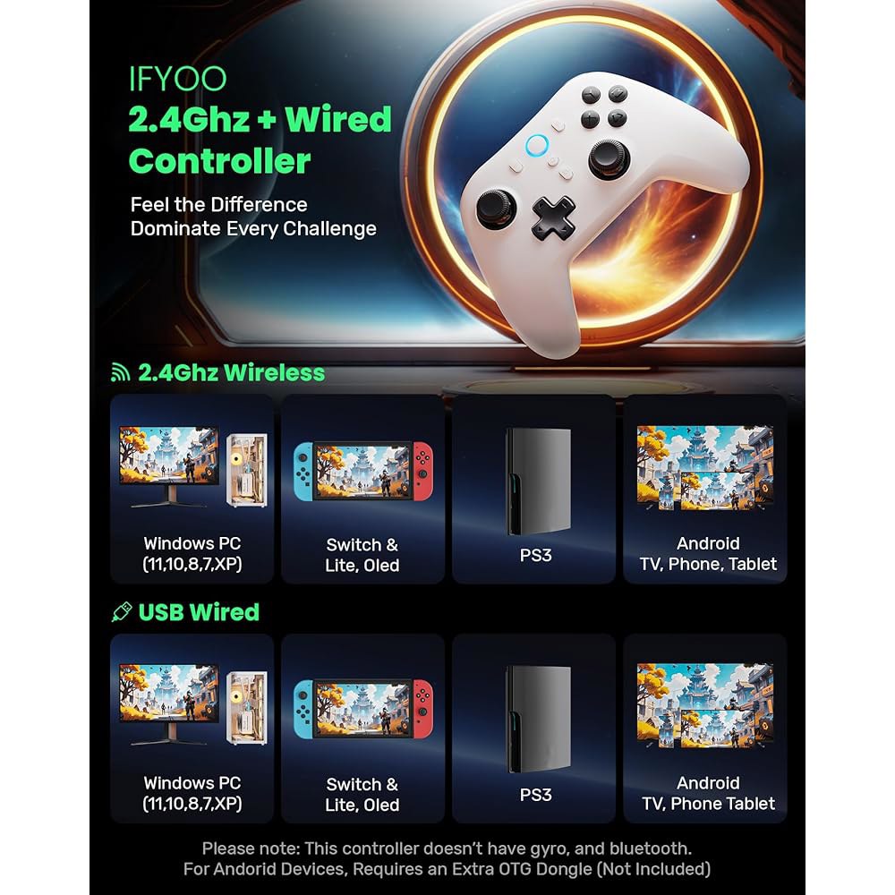 IFYOO N1 2.4G 무선 게임 컨트롤러, 홀 효과 트리거 및 조이스틱, PC 컴퓨터 노트북용(윈 11/10/8/7), 스팀, 안드로이드, PS3, 스위치(자이로 없음), 유선 - 상세 이미지 2