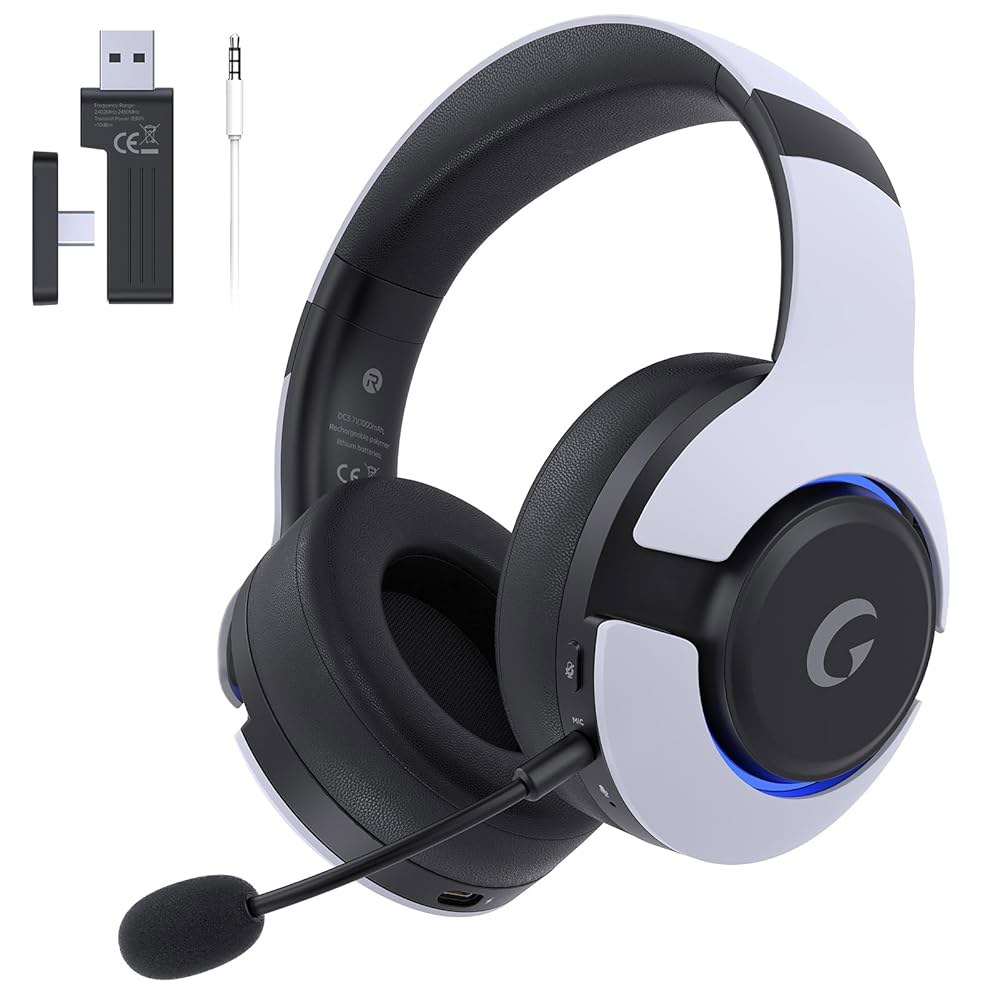 PS5, PS4, 엘든 링, PC, Mac, 스위치, 블루투스 5.3 게이밍 헤드폰용 Gtheos 무선 헤드셋, 노이즈 캔슬링 마이크, 45H 배터리, RGB 라이트, 화이트 - 상품 이미지