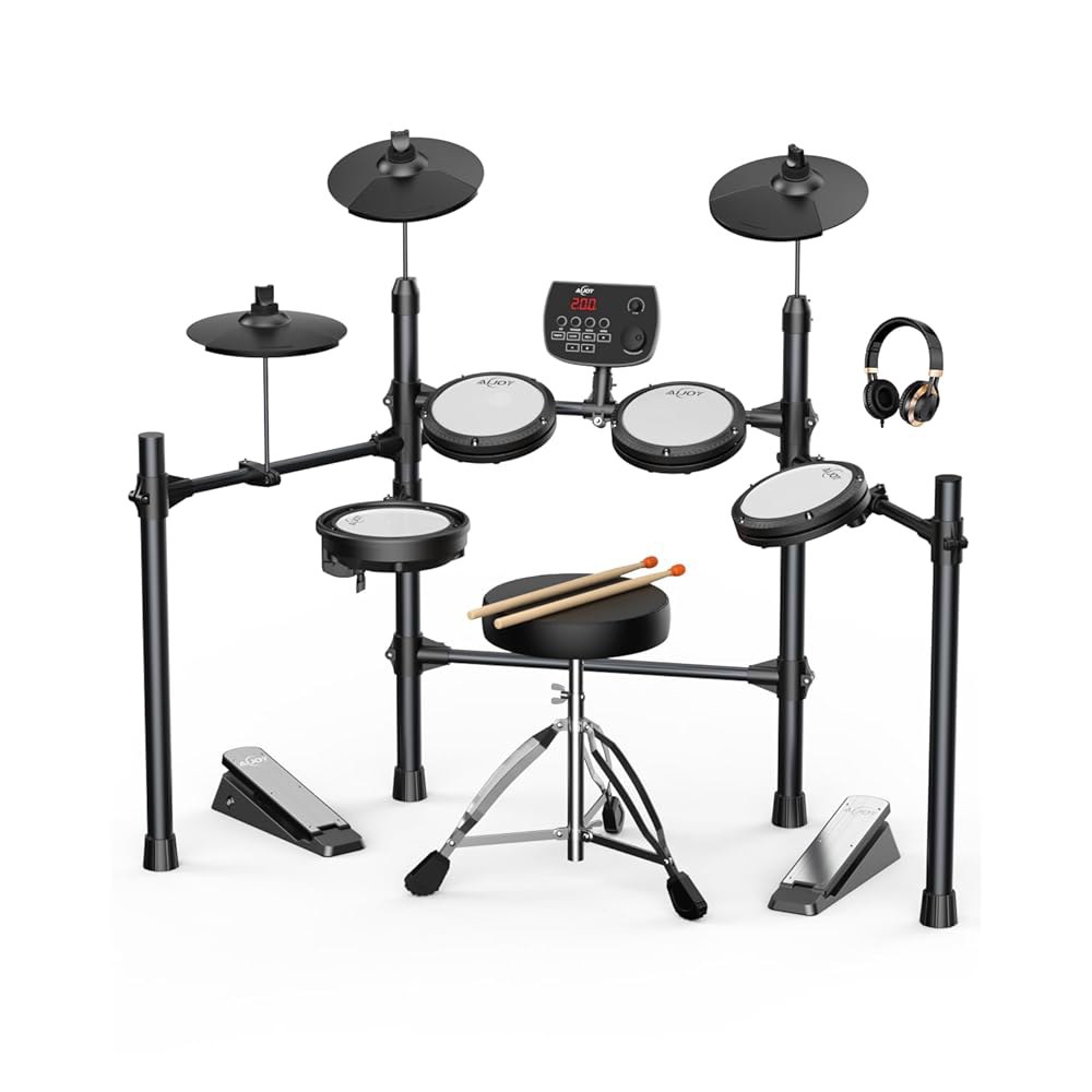 아이조이 전기 드럼 세트, 조용한 메시 패드 5개, 심벌즈 3개, 듀얼 존 스네어, USB MIDI, 인텔리전트 사운드 모듈, 왕좌, 헤드폰, 스틱, 25개 키트 및 195개 이상 - 상품 이미지
