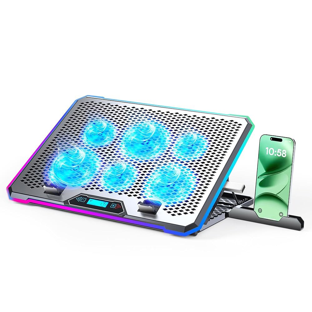 6개의 팬과 LCD 화면을 갖춘 KYOLY 알루미늄 합금 RGB 게이밍 노트북 쿨러 - 10개의 모드 메모리 기능, 4개의 USB 포트 3.0 및 2.0 허브, 9개의 높이 조절 - 상품 이미지