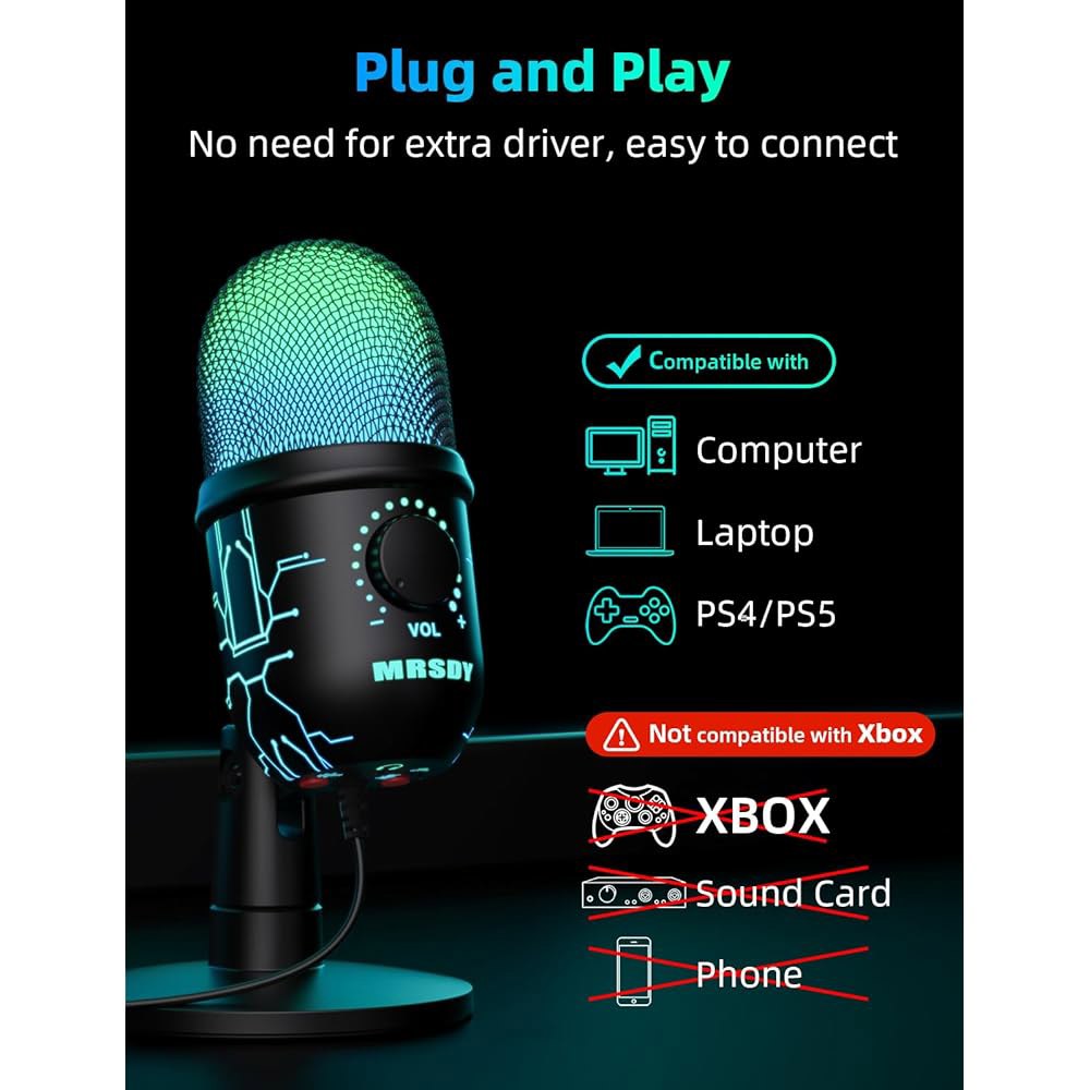 MRSDY 게이밍 마이크, PC, Mac, PS4/5용 USB 컴퓨터 스튜디오 녹음, 유튜브, 스트리밍용 콘덴서 팟캐스트 헤드폰 잭 포함, LED 조명, 음소거, 이득, 노이즈 - 상세 이미지 2