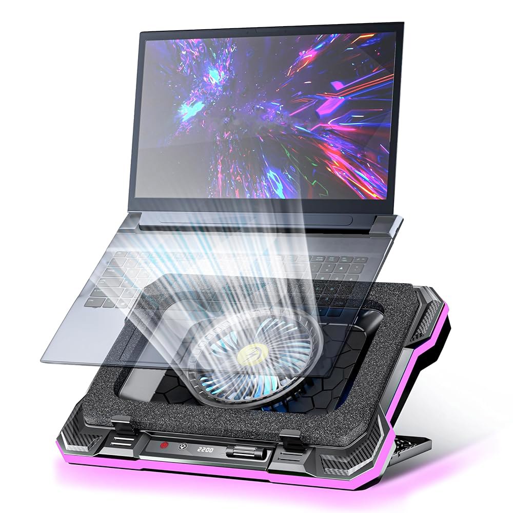 강력한 쿨러 팬, RGB 조명, 15-19인치 노트북 및 PC 컴퓨터용 휴대폰 홀더를 갖춘 AICHESON 게이밍 쿨링 패드 - 상품 이미지