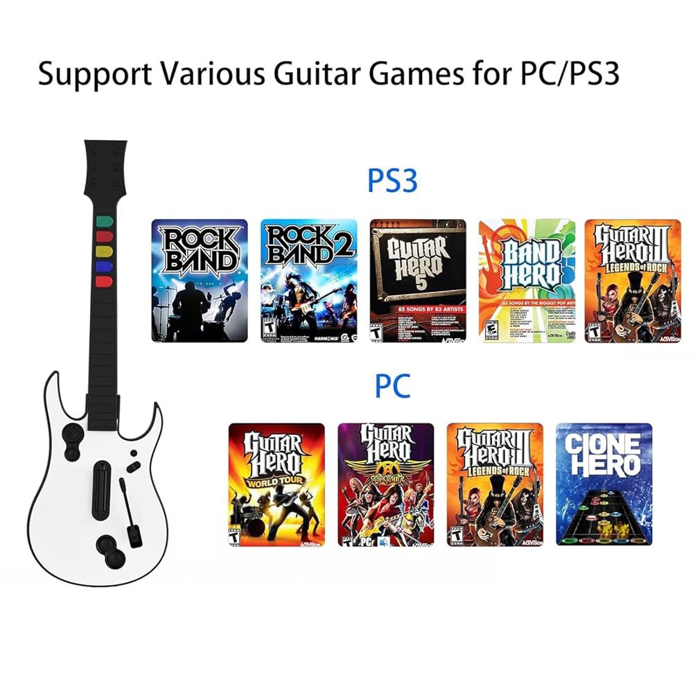 NBCP 기타 히어로 기타, 플레이스테이션 3 PS3용 무선 PC 컨트롤러, 클론 히어로용 동글, 록 밴드 게임 화이트 Black - 상세 이미지 2