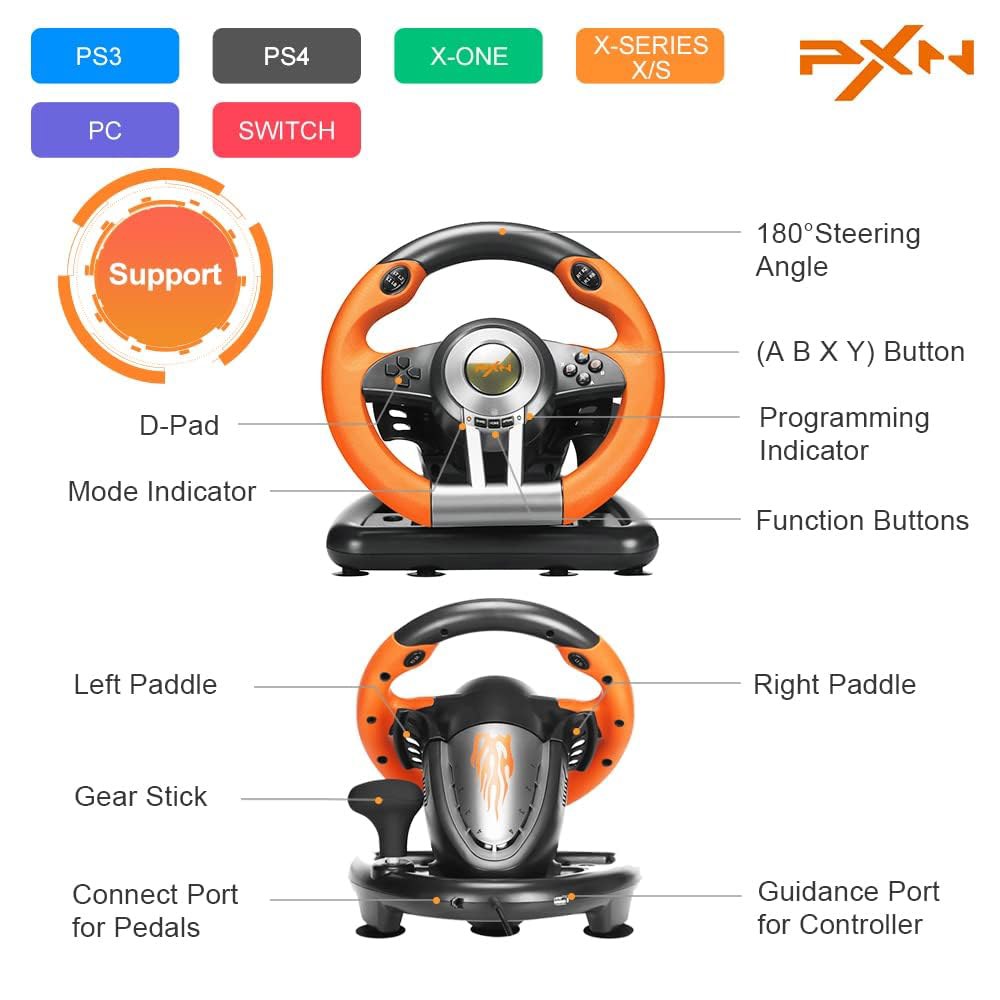 PXN PC 레이싱 휠, V3 PRO 180도 유니버설 USB 자동차 심 게임 스티어링 PC, Xbox One, Series S/X, PS3, PS4, 스위치용 페달 포함 - 상세 이미지 2