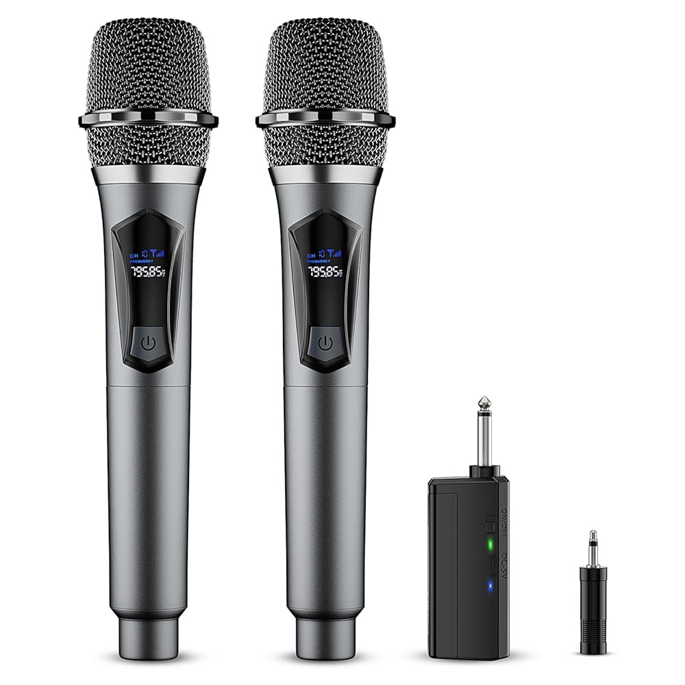 무선 마이크, 충전식 수신기가 있는 전문가용 듀얼 핸드헬드 다이내믹 노래방, 결혼식, DJ, 파티, 연설, 교회, 수업용 마이크 세트, PA 시스템 - 상품 이미지