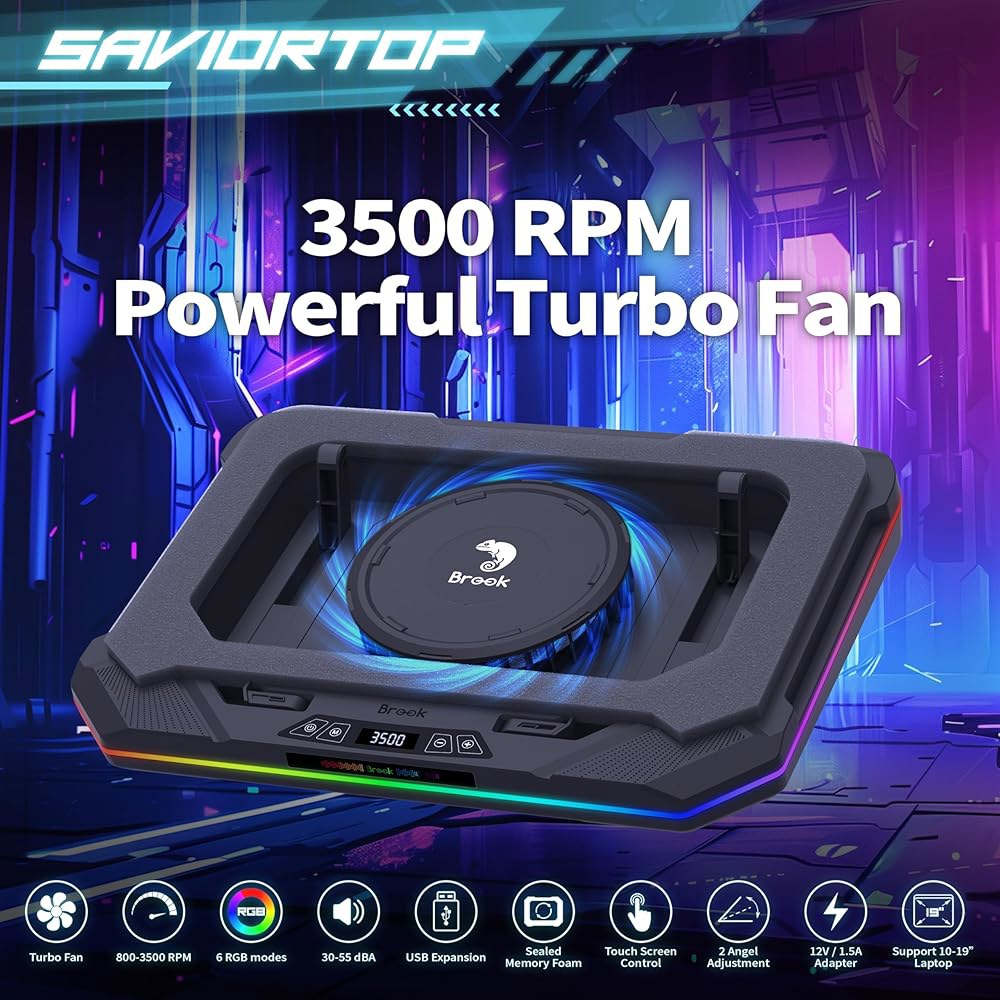 브룩 세이버탑 게이밍 노트북 쿨링 패드 u2013 고속 3500 RPM 쿨러, 터보 팬, 10-19인치 노트북용 RGB 스탠드, 터치 컨트롤, USB-C 허브, 높이 조절 가능, - 상세 이미지 2