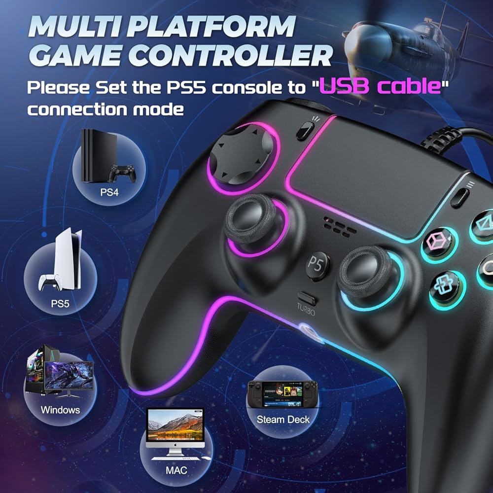 홀 효과 조이스틱과 트리거가 있는 PS5/PS4 및 PC용 GUOC RGB 유선 컨트롤러, 3.5mm 오디오 잭, 튜브로/마크로 기능 지원, 듀얼 진동 6축 모션 컨트롤 게임패드 - 상세 이미지 2