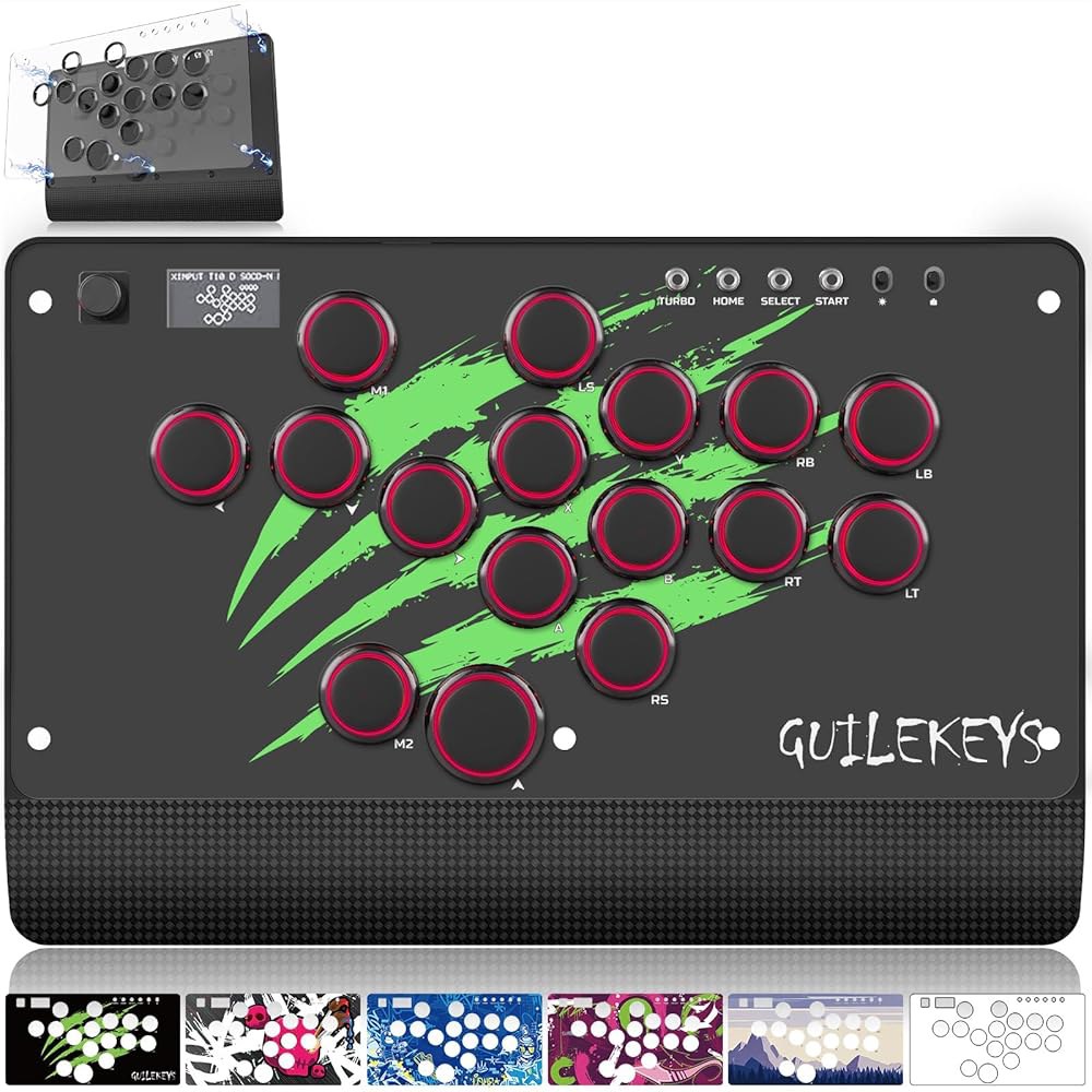 GuileKeys GM-16 레버리스 아케이드 컨트롤러, 마그네틱 탈착식 패널, PS4 / PS3 PC 스위치용 올 버튼 격투 스틱, OLED, 토너먼트 잠금, RGB, 터보 및 - 상품 이미지