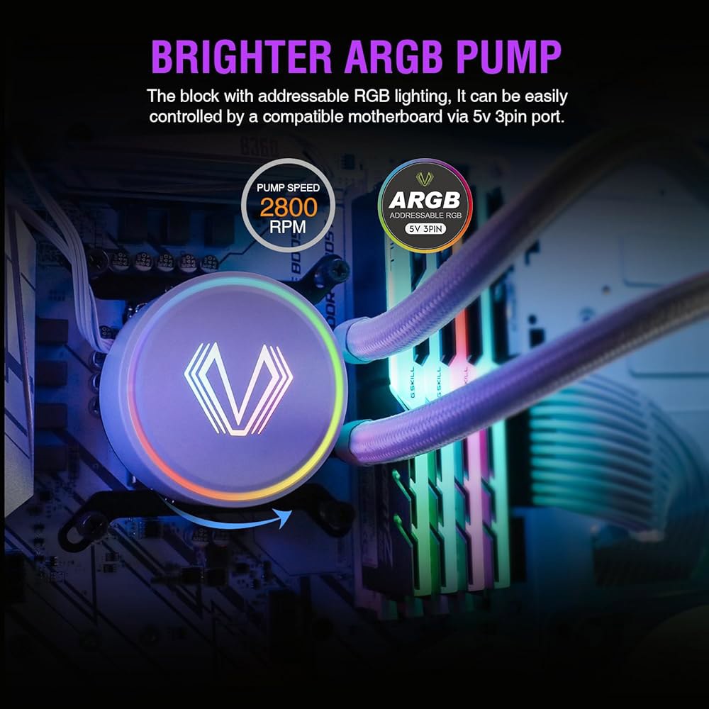 베트루 V240 화이트 액체 CPU 쿨러 240mm 주소 지정 가능 RGB 펌프 및 PWM 팬 250W TDP AIO 수냉식 / 컨트롤러 허브 포함 인텔 LGA 1851 /1700 - 상세 이미지 3