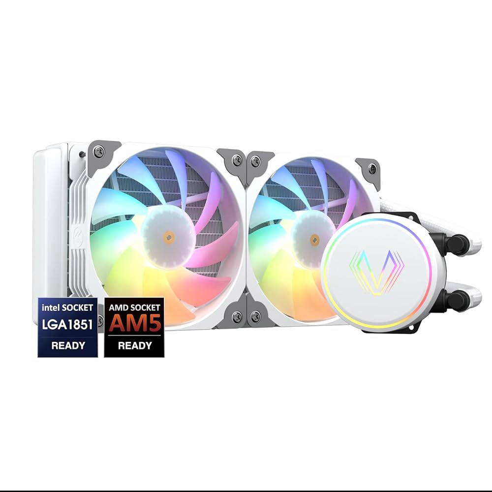 베트루 V240 화이트 액체 CPU 쿨러 240mm 주소 지정 가능 RGB 펌프 및 PWM 팬 250W TDP AIO 수냉식 / 컨트롤러 허브 포함 인텔 LGA 1851 /1700 - 상품 이미지