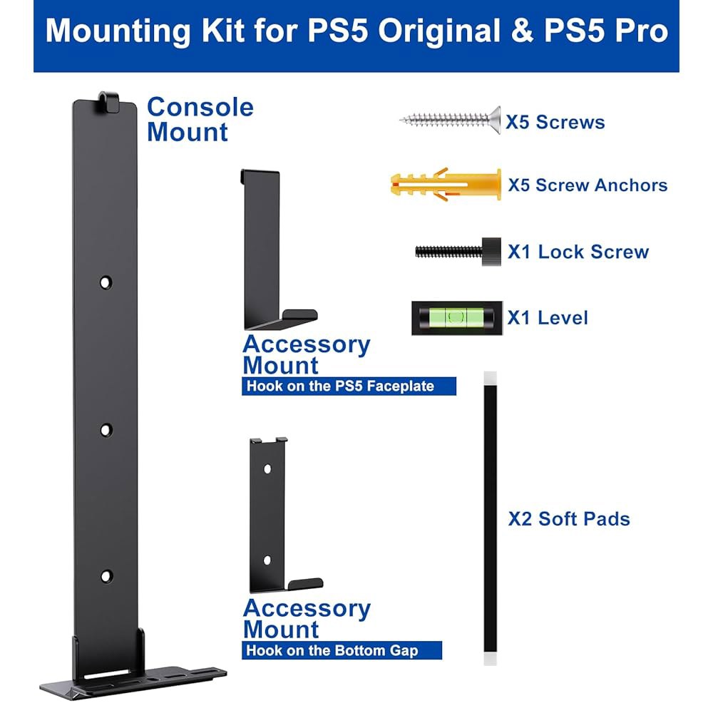 플레이스테이션 5 콘솔용 ALIENERGY PS5 월 마운트 - TV 근처 또는 뒤에 장착할 수 있는 세련된 숨겨진 디자인, 컨트롤러 및 헤드셋 홀더 2개 포함 (PS5 오리지널 - 상세 이미지 3