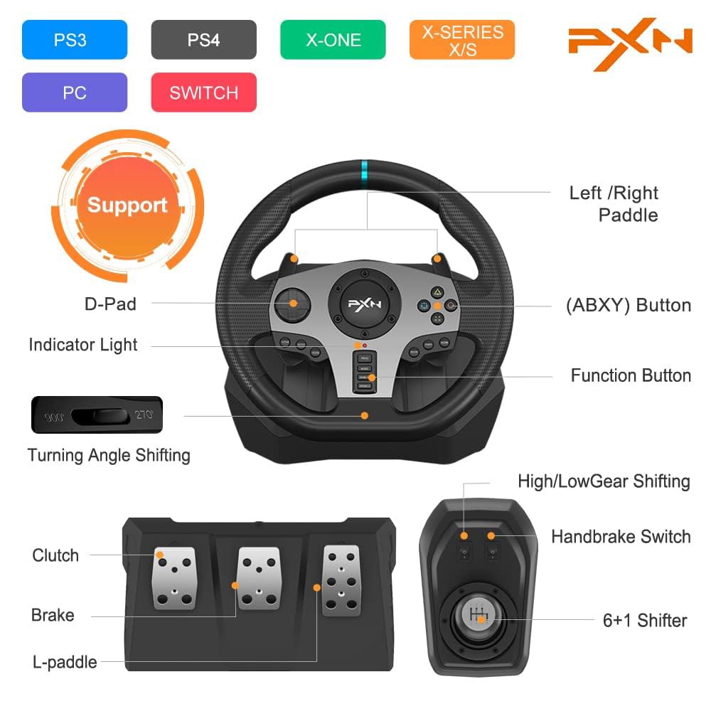 PXN V9 게이밍 스티어링 휠, 270도/900도(페달 및 시프터 포함) Xbox One, Series S /X, PC, PS4, PS3, 스위치용 - 상세 이미지 2