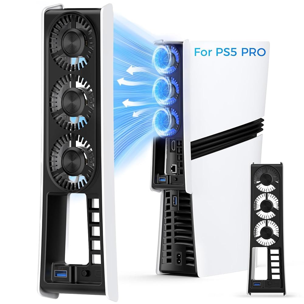 PS5 Pro 액세서리용 냉각 팬 3종, 속도 조절이 가능한 업그레이드된 조용한 팬, LED 및 컨트롤러 USB 포트, / 슬림용이 아닌 PlayStation5 전용으로 효율적인 - 상품 이미지