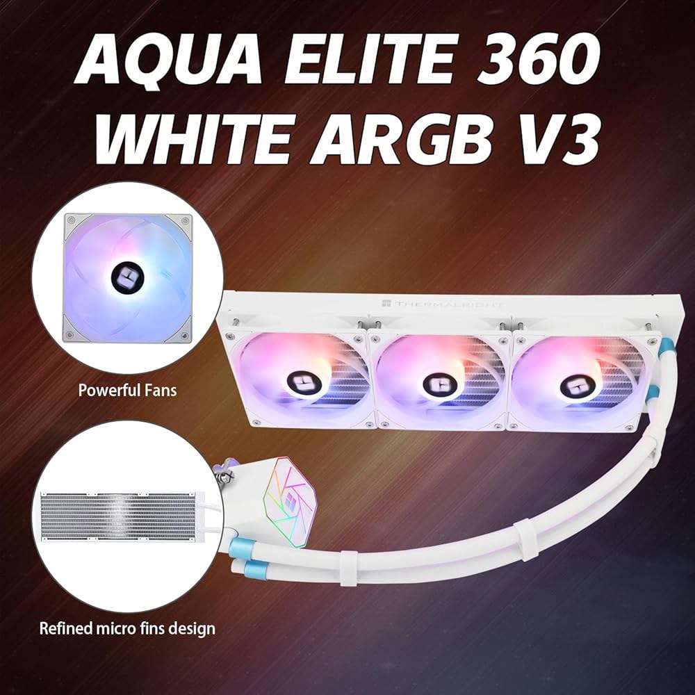 써멀라이트 아쿠아 엘리트 360 화이트 V3 AIO CPU 쿨러, 리퀴드 쿨링, ARGB PWM 팬, 인텔 LGA1150-1200 /2011 /1700, AMD AM4 /AM5 - 상세 이미지 3