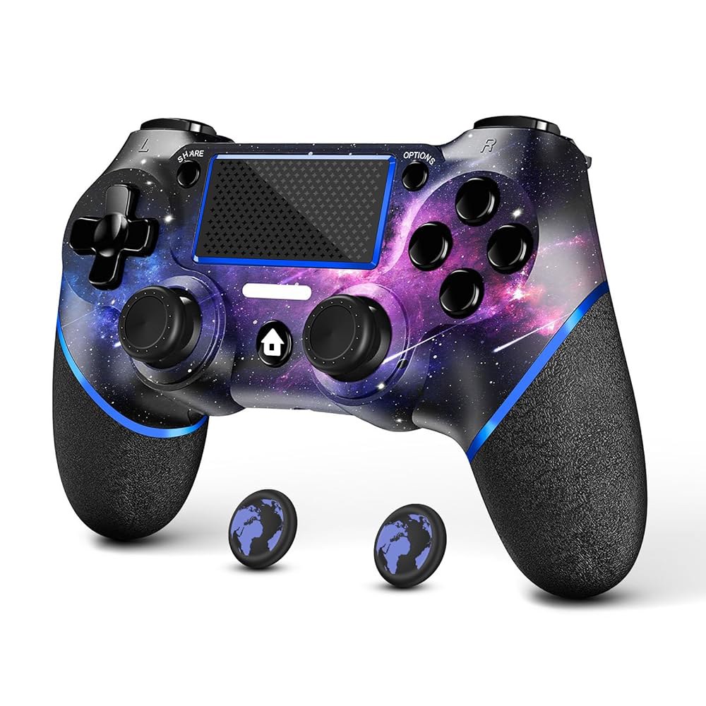 PS4용 에이스게이머 무선 컨트롤러, 양면 미끄럼 방지 그립과 3.5mm 오디오 잭을 갖춘 맞춤형 디자인 V2 게임패드 조이스틱! 엄지 캡 포함! (갤럭시) Galaxy - 상품 이미지