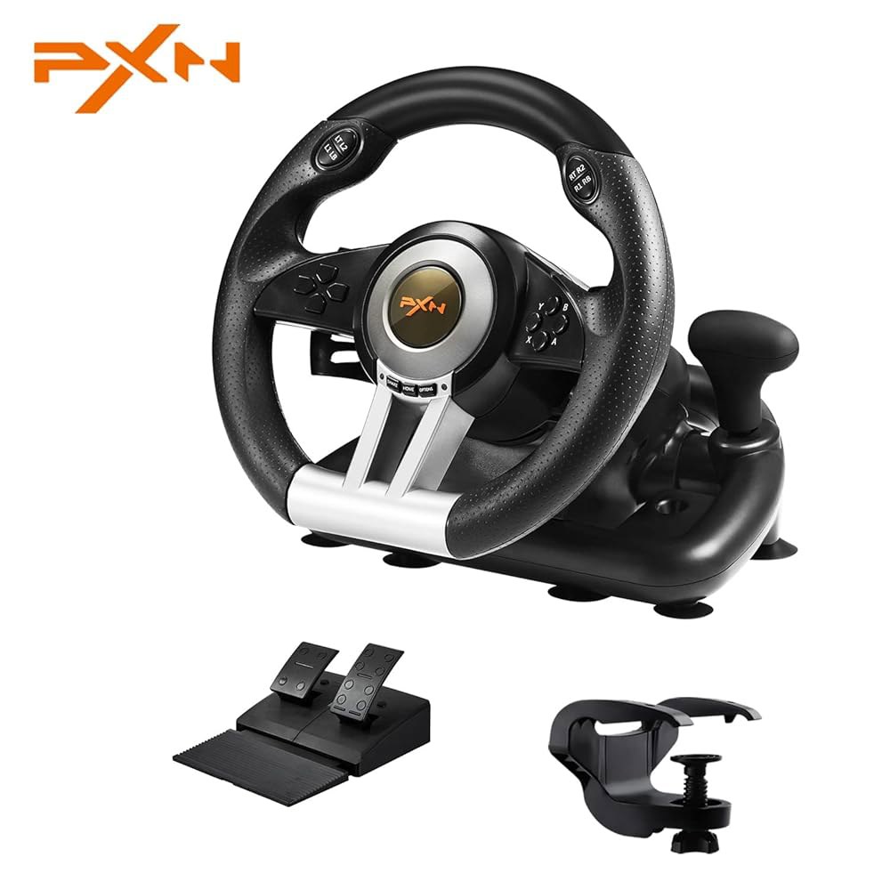 PC, PS4, Xbox One, Series X|S, 스위치용 선형 페달과 레이싱 패들이 장착된 PXN 스티어링 휠 V3II 180 PC 게이밍 드라이빙 - 블랙 - 상품 이미지