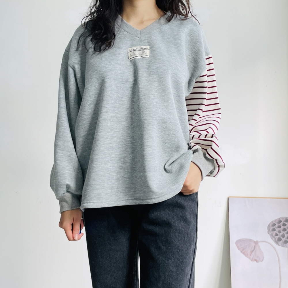 여성 기모 맨투맨 겨울 브이넥 스트라이프 무지 - 상품 이미지