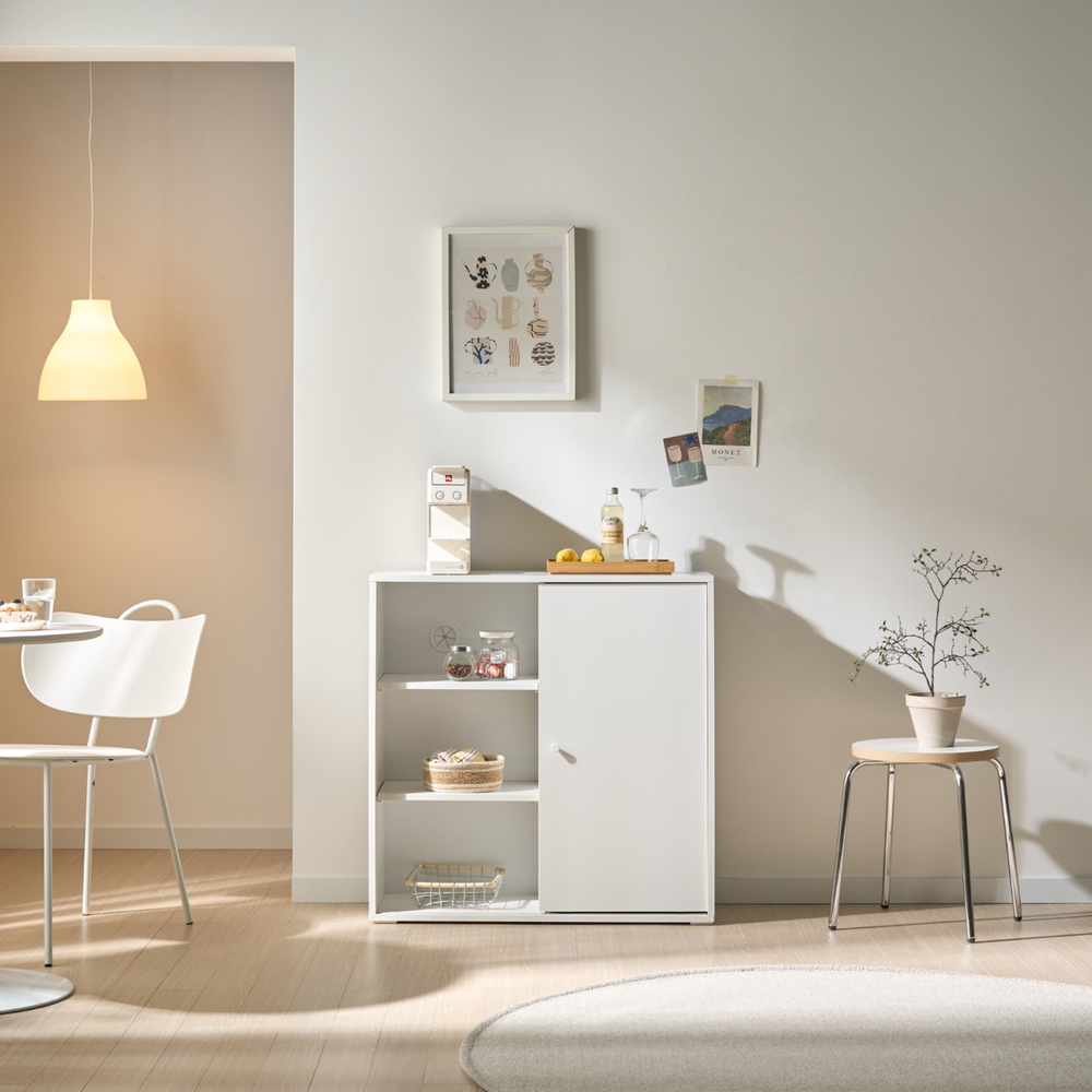 픽스앤룸 라인아트 다용도 거실 틈새 슬라이딩 3단 1도어 서랍 수납장 800