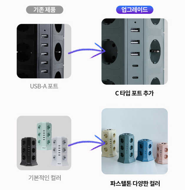 텔로 멀티탭 타워 큐브 고용량 멀티 어댑터 usb 콘센트 12구 2m 컬러 - 상세 이미지 2