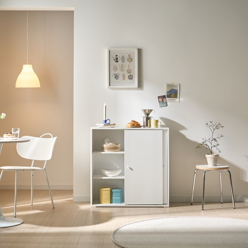 픽스앤룸 라인아트 다용도 거실 틈새 슬라이딩 3단 2도어 수납장 800