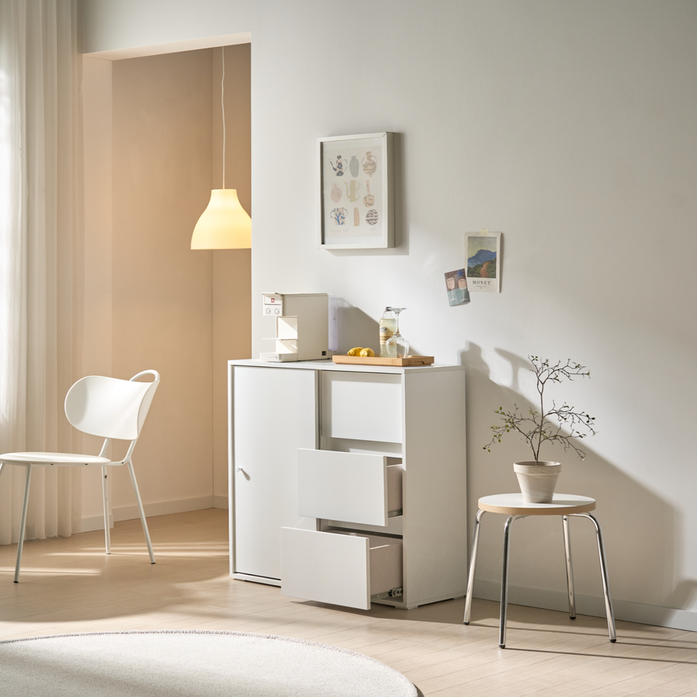 픽스앤룸 라인아트 다용도 거실 틈새 슬라이딩 3단 1도어 서랍 수납장 800