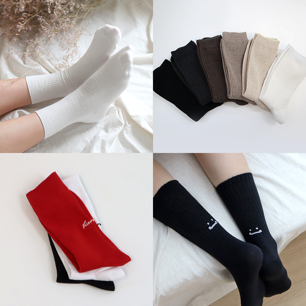 국산 골지양말 중목 장목 학생 패션 흰 검정 빨간 봄 가을 겨울 양말