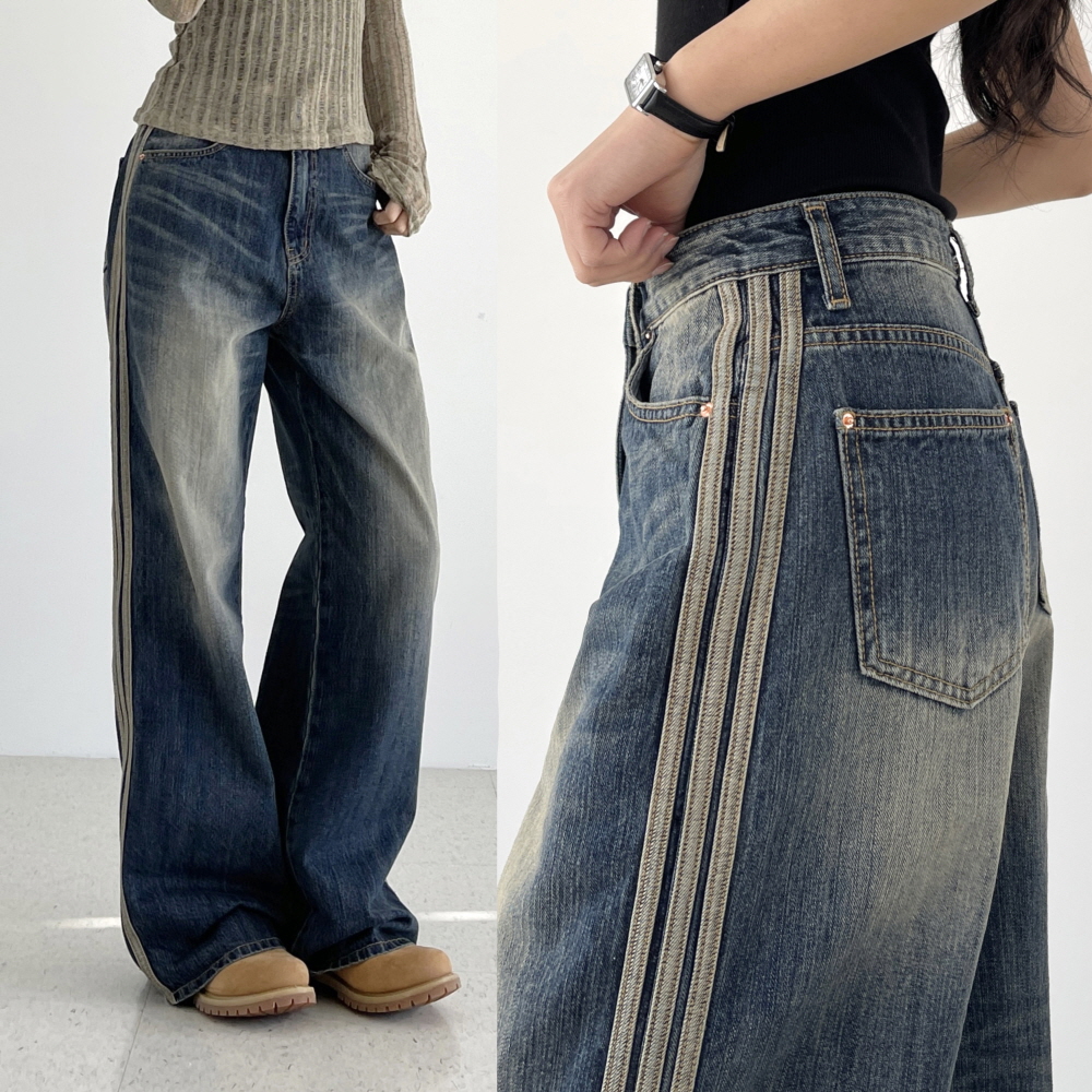 여성와이드청바지 봄 가을 빈티지워싱 세미와이드 진청바지 트랙시스 빈티지 데님팬츠 제품 이미지