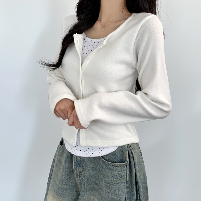 레이어드가디건 도트 기모 크롭가디건 이미지 6
