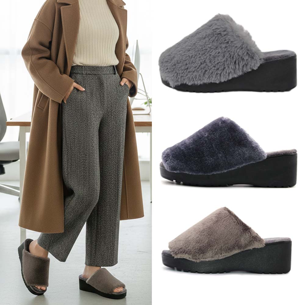 앞트임 겨울 여성 사무실 통굽 슬리퍼 토끼 털 슬리퍼