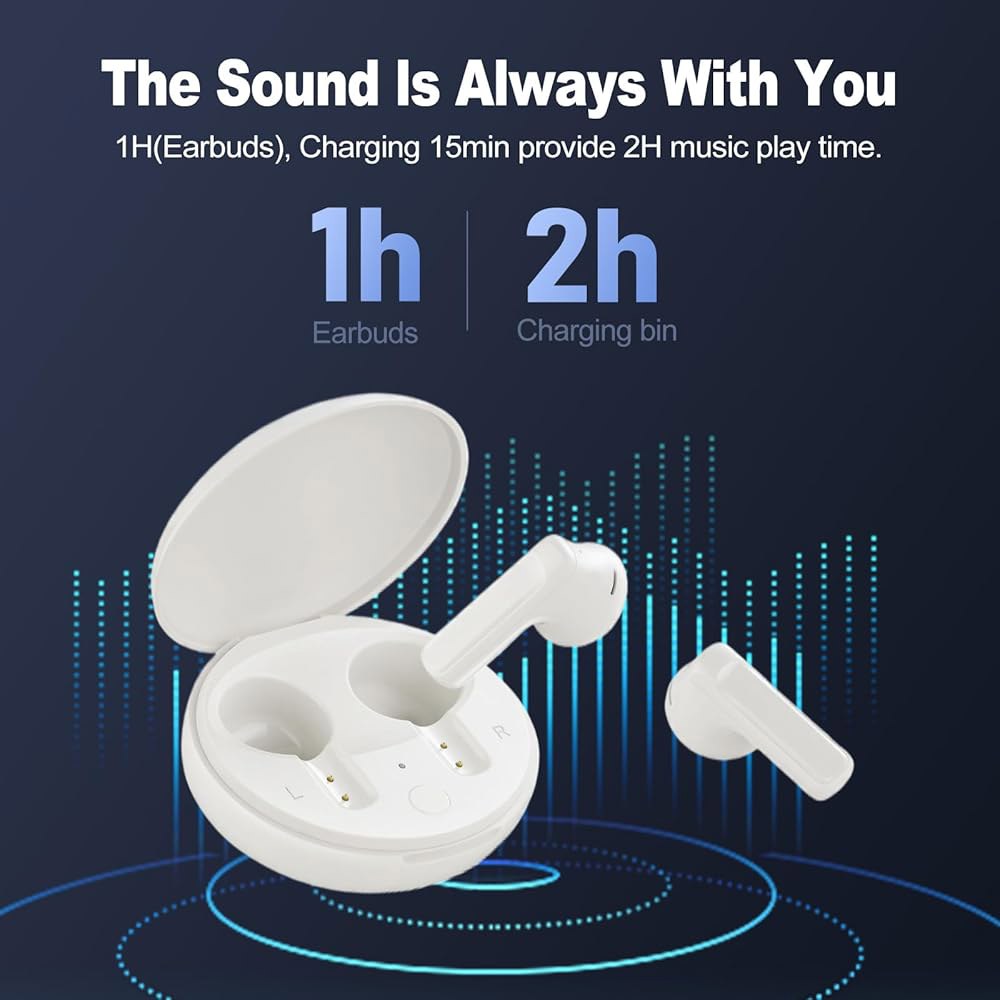 JoyFront 무선 이어버드 블루투스 헤드폰 2024 5.3 안드로이드 스포츠, 방수 스테레오 캔슬링 운동/러닝용, 이어 노이즈 IP54 헤드셋, ANC/ENC 화이트 마이크, - 상세 이미지 3