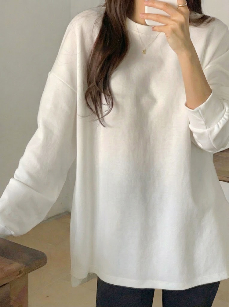 오버사이즈 롱 슬리브 스판 맨투맨 티셔츠 레이어드 여자 티셔츠 기본 라운드 여자 긴팔티 - 상세 이미지 4
