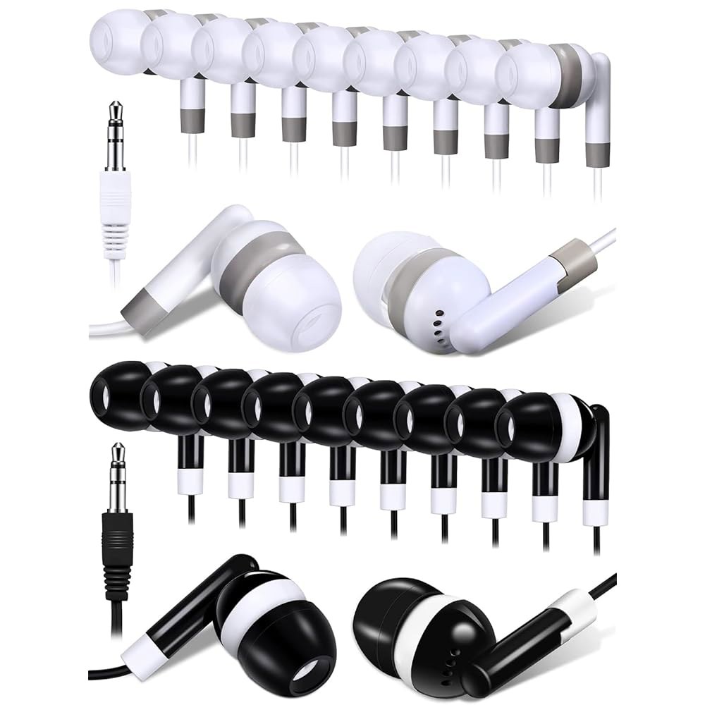 DULLA 교실용 벌크 이어버드 유선 버드 없음, (블랙/화이트) 학생 도서관용 마이크 개별 도매 잭 3.5mm 포장 이어 헤드폰, 학교 헤드폰 경량 100개, - 상품 이미지
