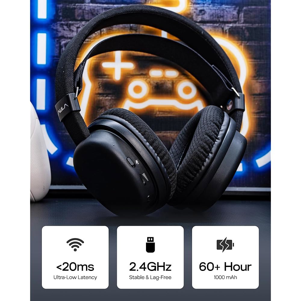 MechLands Aula G7 PS4/PS5/PC/스위치용 무선 헤드폰, (블랙) 노이즈 있는 사운드, 마이크가 2.4GHz/BT/유선 60H 배터리, 캔슬링 서라운드 헤드셋, - 상세 이미지 3