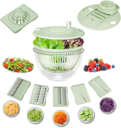 [해외]리엔피 샐러드 스피너 라지-5.3 Qt 야채 과일 세척 볼 5개의 칼날이 달린 상추 건조기 주방용 달걀 노른자 스트레이너 슬라이서 슈레더 파스타 감자튀김 스피너-그린 Gre