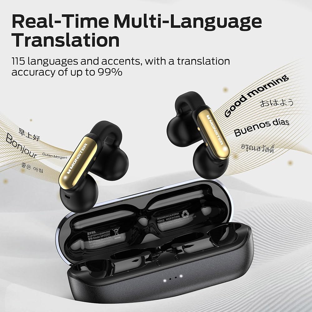 Monster AI Translation 이어버드 오픈 컨트롤 무선 및 (블랙) 3-in-1 번역기 실시간 터치 번역, 언어 6.0 이어버드, 헤드폰 115개 이어폰, AC601, - 상세 이미지 2