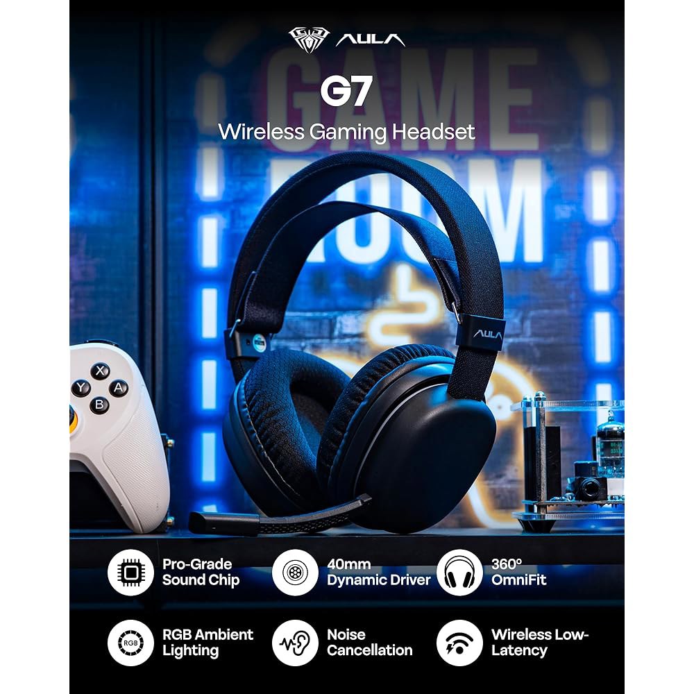 MechLands Aula G7 PS4/PS5/PC/스위치용 무선 헤드폰, (블랙) 노이즈 있는 사운드, 마이크가 2.4GHz/BT/유선 60H 배터리, 캔슬링 서라운드 헤드셋, - 상세 이미지 2