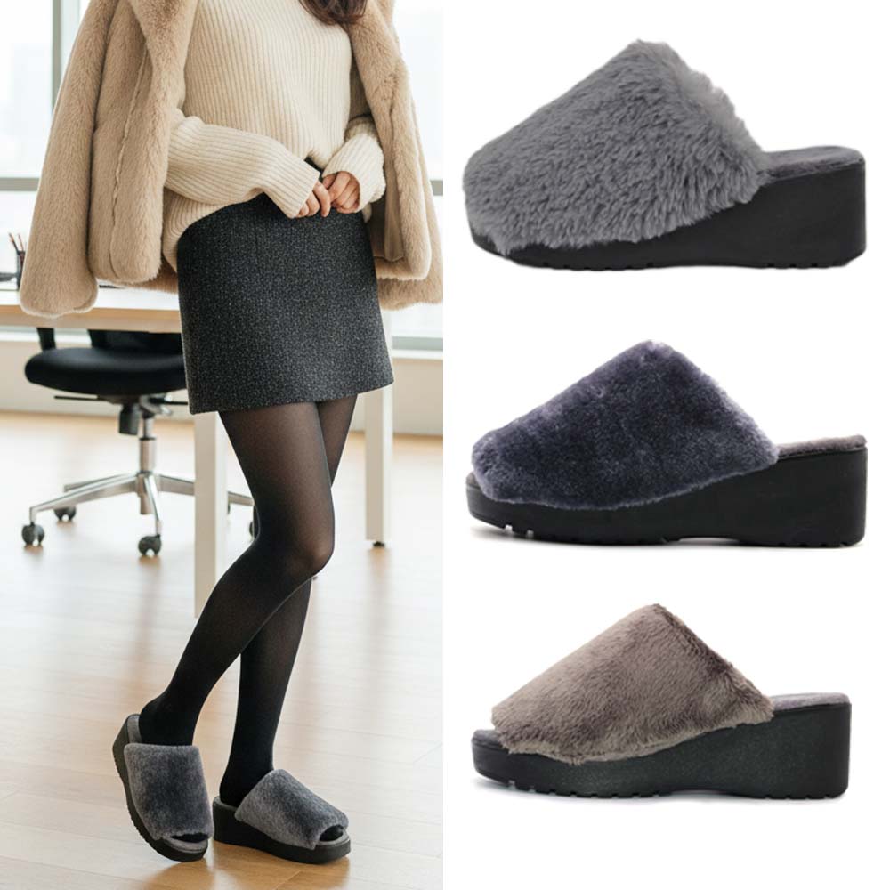 앞트임 겨울 여성 사무실 통굽 슬리퍼 토끼 털 슬리퍼