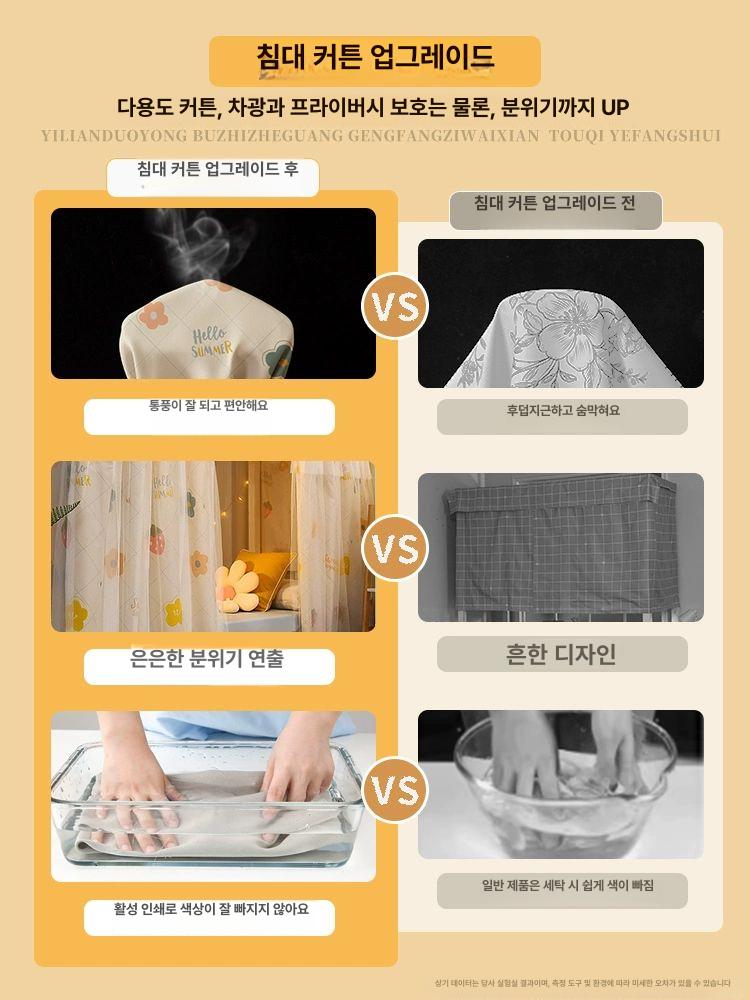 가림막 복층커튼 암막 침대커튼 2층 플로럴 패턴 1.15m 2장 3면 - 상세 이미지 3