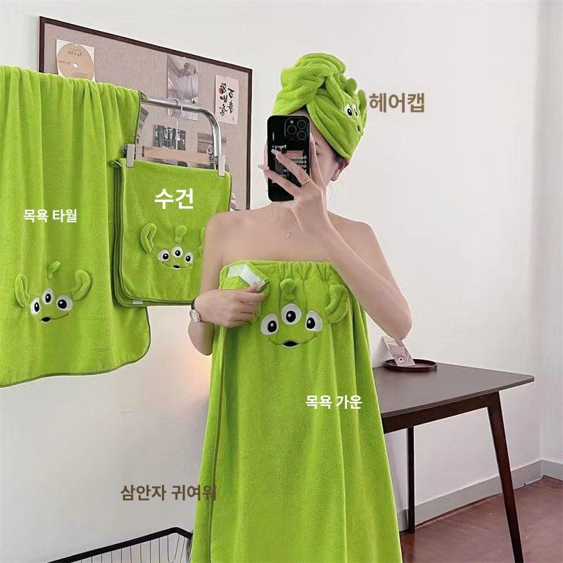 여성용 목욕 가운 슬립 대형 흡수력 좋은 타월 그린 쓰리아이 엘프 롱캡슬립 목욕 가운 80~140 +드라이 캡 - 상세 이미지 3