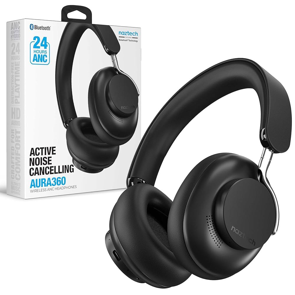 Naztech Aura 360 미드나잇 24시간 캔슬링 이어 헤드폰, 오버 블루투스 액티브 체육관, 보이스 멀티포인트 마이크 듀얼 연결 헤드폰 무선, 노이즈 ANC 폰, 헤드 - 상품 이미지