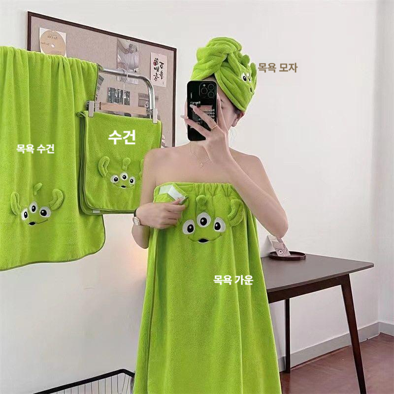 여성용  목욕 가운 슬립 대형 흡수력 좋은 타월 그린 쓰리아이 엘프 롱캡슬립 목욕 가운 80~140 +드라이 캡