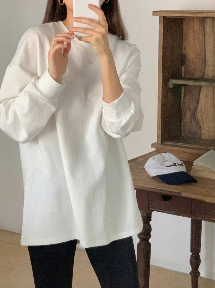오버사이즈 롱 슬리브 스판 맨투맨 티셔츠 레이어드 여자 티셔츠 기본 라운드 여자 긴팔티 - 상세 이미지 2