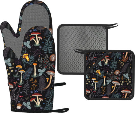 Chiweiyang [해외]버섯 오븐 미트와 냄비 홀더 세트 실리콘 주방 장갑 홀더는 셰프 베이킹 요리 그릴 바비큐(4개 세트)를 위해 내열성이 뛰어납니다 Black Mushroom