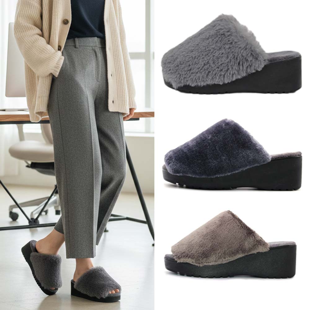 앞트임 겨울 여성 사무실 통굽 슬리퍼 토끼 털 슬리퍼