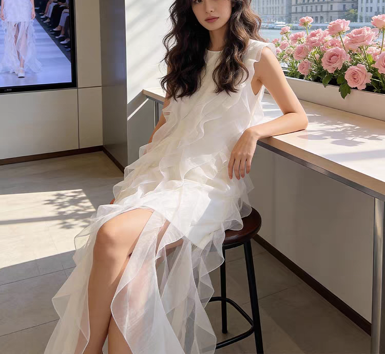 민소매 하이로우 프릴 미니 롱 드레스 셀프웨딩 촬영 백하트 파티드레스 - 상세 이미지 2
