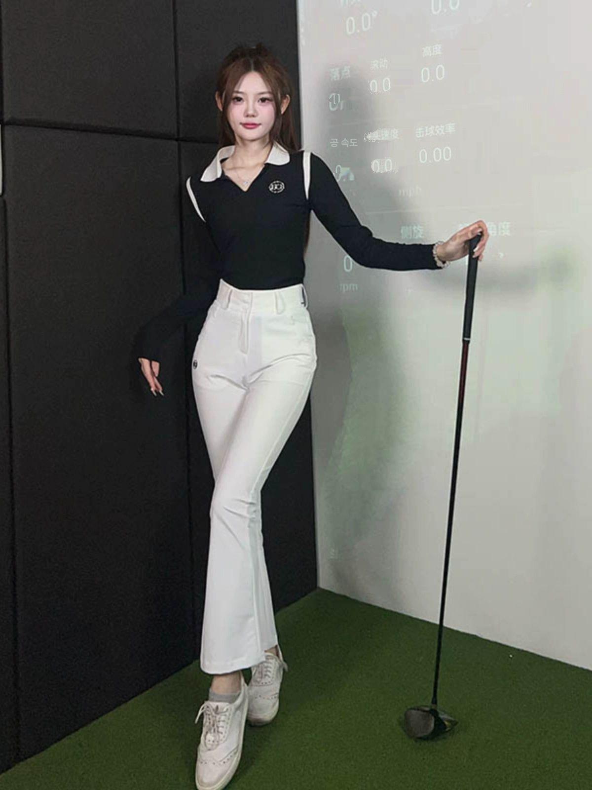 여성 골프 웨어 긴팔 티셔츠 스커트 바지 세트 블랙 상의+화이트 스커트 S - 상세 이미지 2