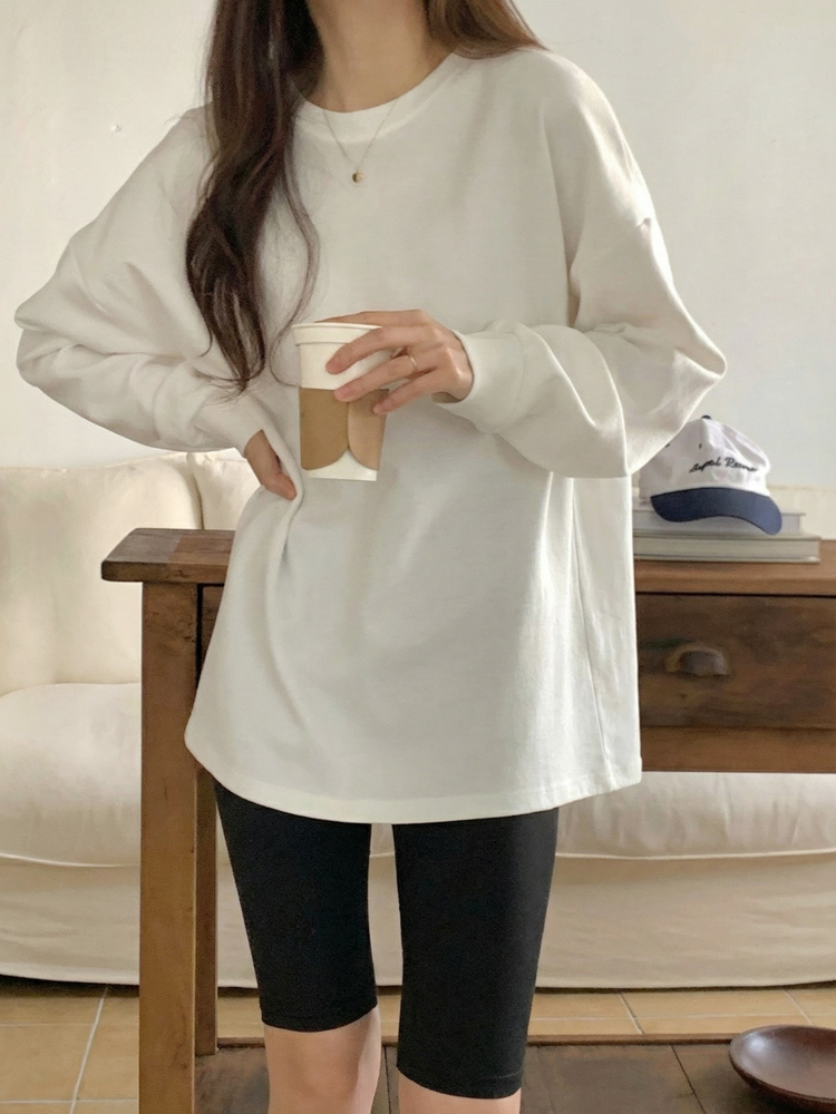 오버사이즈 롱 슬리브 스판 맨투맨 티셔츠 레이어드 여자 티셔츠 기본 라운드 여자 긴팔티 이미지 8