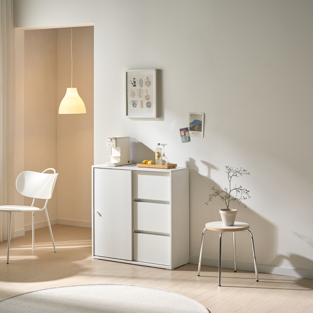 픽스앤룸 라인아트 다용도 거실 틈새 슬라이딩 3단 1도어 서랍 수납장 800